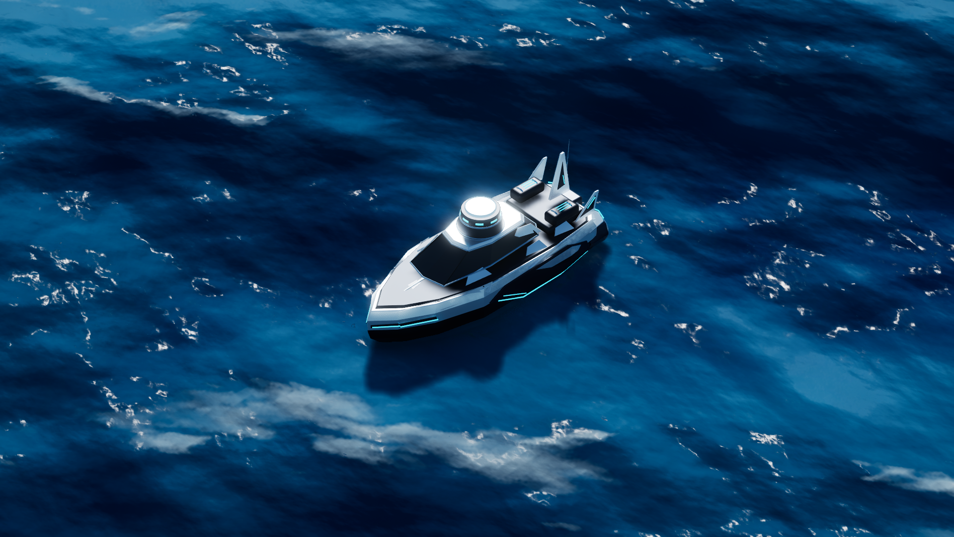 เรือ Photon Racer แล่นบนผืนน้ำสีน้ำเงิน ภาพถ่ายจริงจากเกม ShipHai