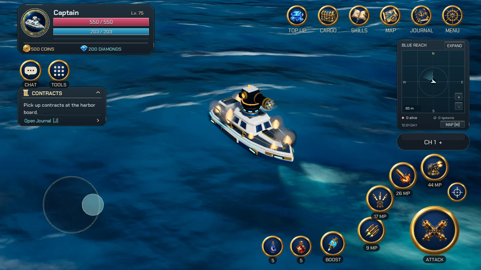ภาพตัวอย่าง Mobile UI V3: จอยเดินเรือด้านซ้ายและปุ่มโจมตีสกิลด้านขวา